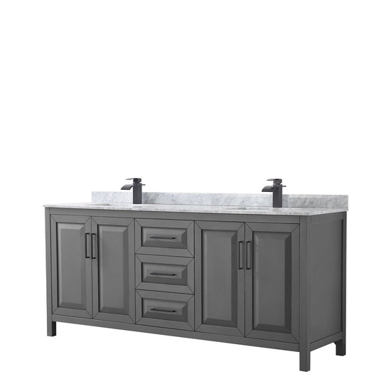 Wyndham Collection Daria 80" Double Bathroom Vanity in Dark Gray, White Carrara Marble Countertop, Undermount Square Sinks, Matte Black Trim