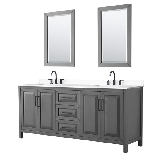 Wyndham Collection Daria 80" Double Bathroom Vanity in Dark Gray, White Cultured Marble Countertop, Undermount Square Sinks (3-Hole), Matte Black Trim, 24" Mirrors