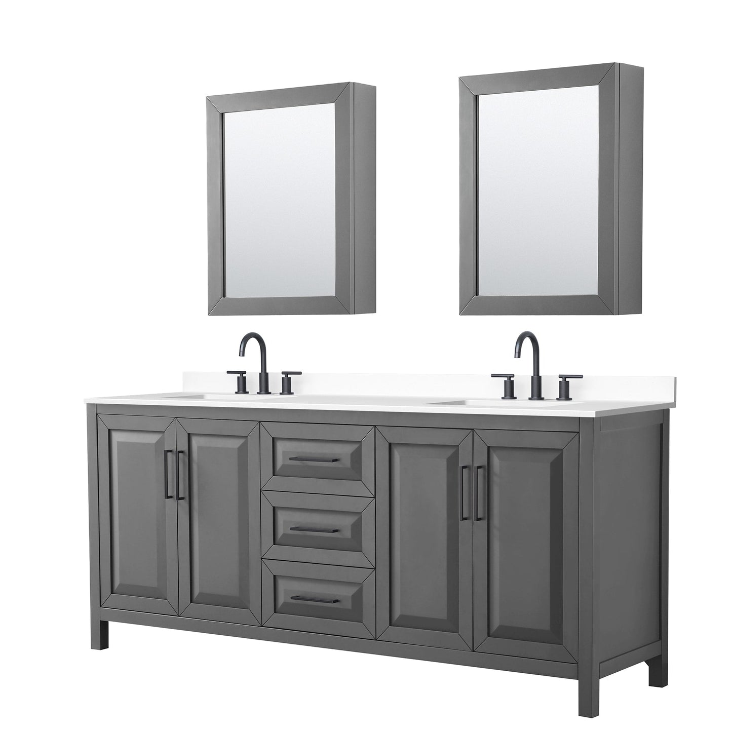 Wyndham Collection Daria 80" Double Bathroom Vanity in Dark Gray, White Cultured Marble Countertop, Undermount Square Sinks (3-Hole), Matte Black Trim, Medicine Cabinets