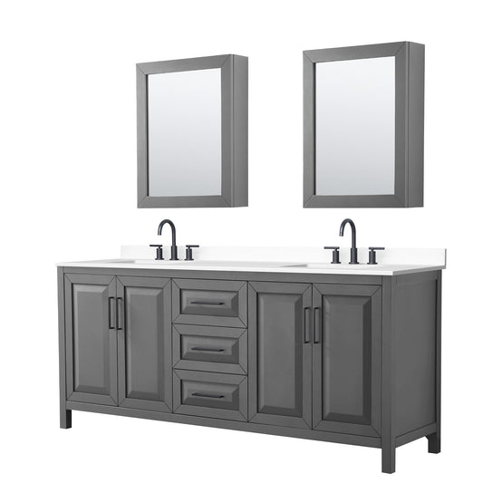 Wyndham Collection Daria 80" Double Bathroom Vanity in Dark Gray, White Cultured Marble Countertop, Undermount Square Sinks (3-Hole), Matte Black Trim, Medicine Cabinets