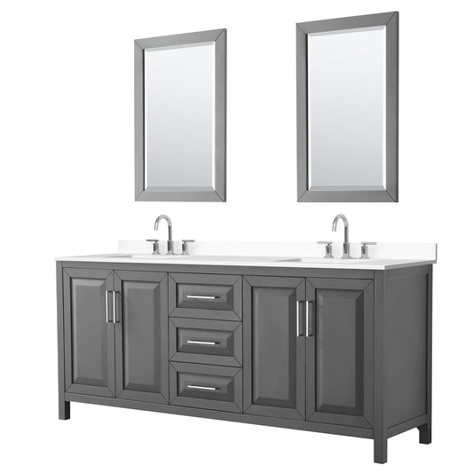 Wyndham Collection Daria 80" Double Bathroom Vanity in Dark Gray, White Cultured Marble Countertop, Undermount Square Sinks (3-Hole), Polished Chrome Trim, 24" Mirrors