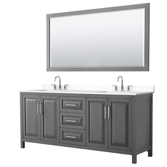 Wyndham Collection Daria 80" Double Bathroom Vanity in Dark Gray, White Cultured Marble Countertop, Undermount Square Sinks (3-Hole), Polished Chrome Trim, 70" Mirror