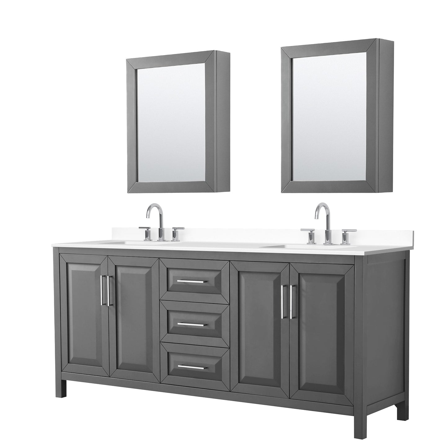 Wyndham Collection Daria 80" Double Bathroom Vanity in Dark Gray, White Cultured Marble Countertop, Undermount Square Sinks (3-Hole), Polished Chrome Trim, Medicine Cabinets