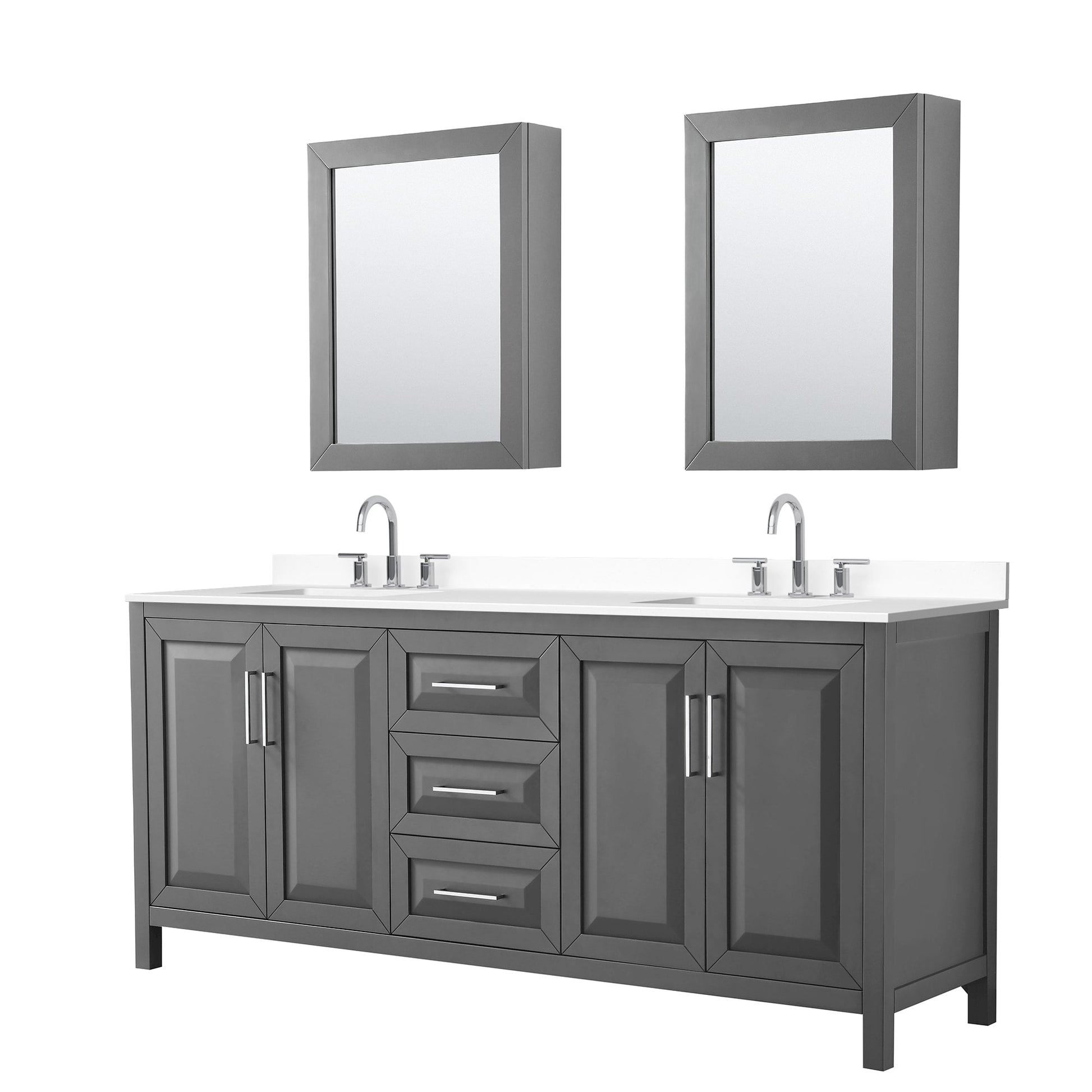 Wyndham Collection Daria 80" Double Bathroom Vanity in Dark Gray, White Cultured Marble Countertop, Undermount Square Sinks (3-Hole), Polished Chrome Trim, Medicine Cabinets