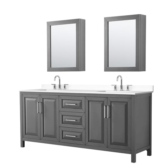 Wyndham Collection Daria 80" Double Bathroom Vanity in Dark Gray, White Cultured Marble Countertop, Undermount Square Sinks (3-Hole), Polished Chrome Trim, Medicine Cabinets
