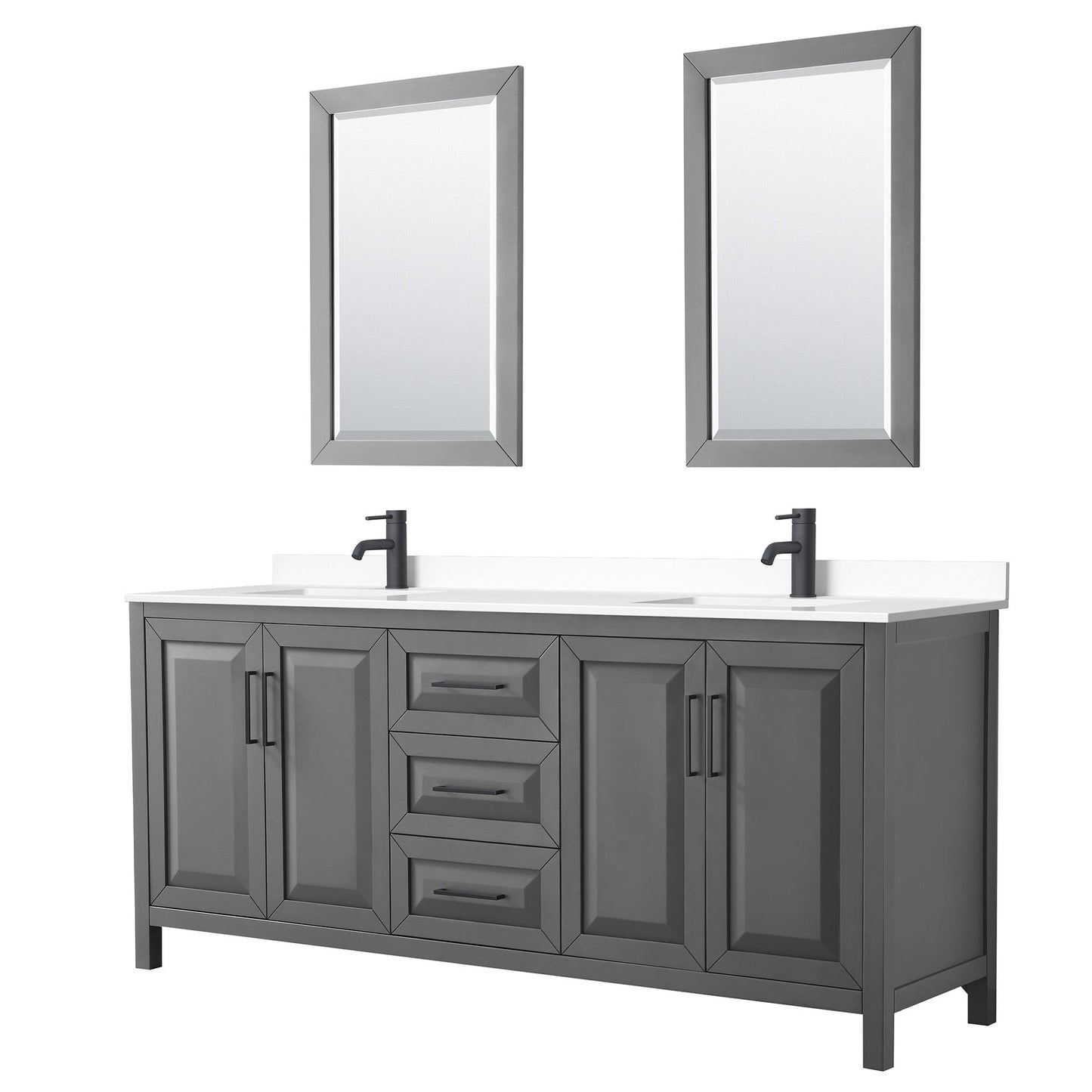 Wyndham Collection Daria 80" Double Bathroom Vanity in Dark Gray, White Cultured Marble Countertop, Undermount Square Sinks, Matte Black Trim, 24" Mirrors