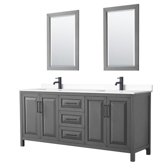 Wyndham Collection Daria 80" Double Bathroom Vanity in Dark Gray, White Cultured Marble Countertop, Undermount Square Sinks, Matte Black Trim, 24" Mirrors