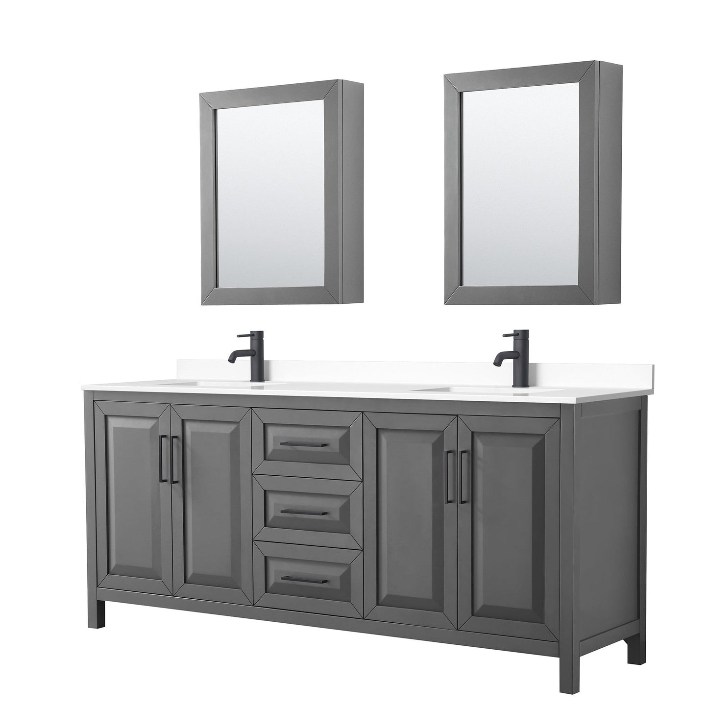 Wyndham Collection Daria 80" Double Bathroom Vanity in Dark Gray, White Cultured Marble Countertop, Undermount Square Sinks, Matte Black Trim, Medicine Cabinets