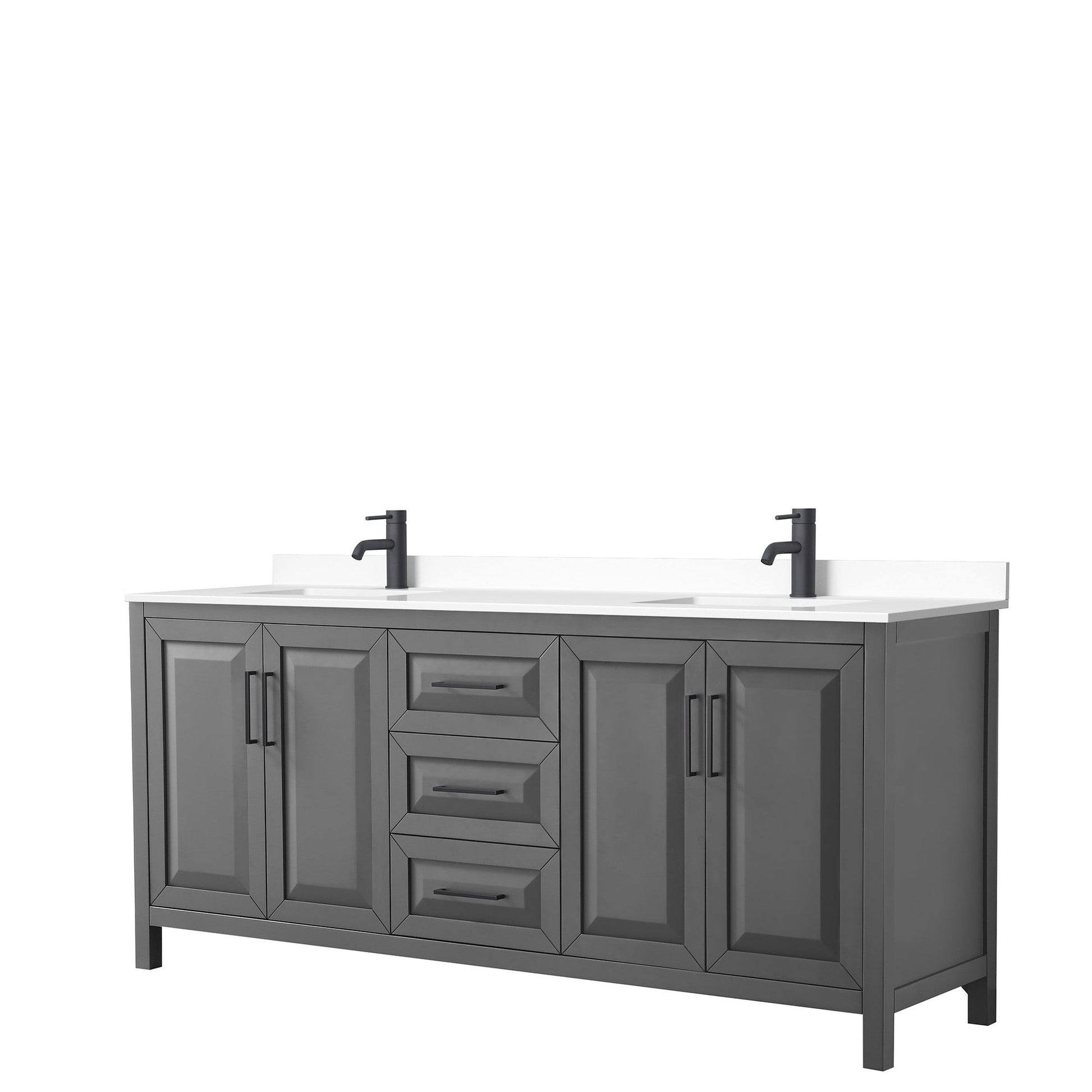 Wyndham Collection Daria 80" Double Bathroom Vanity in Dark Gray, White Cultured Marble Countertop, Undermount Square Sinks, Matte Black Trim