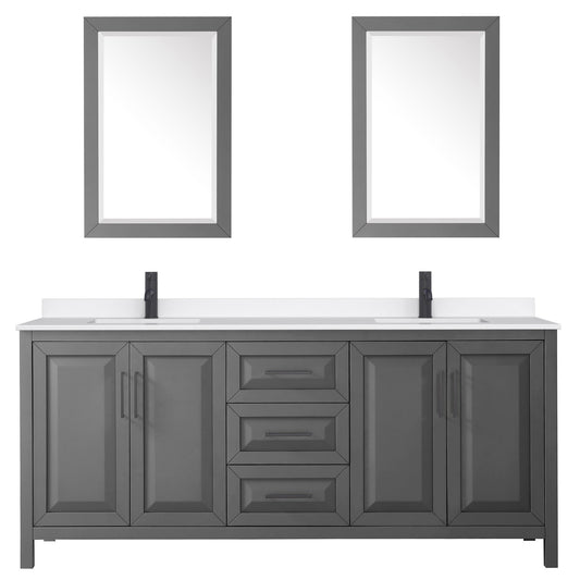 Wyndham Collection Daria 80" Double Bathroom Vanity in Dark Gray, White Quartz Countertop, Undermount Square Sinks (1-Hole), Matte Black Trim, 24" Mirrors