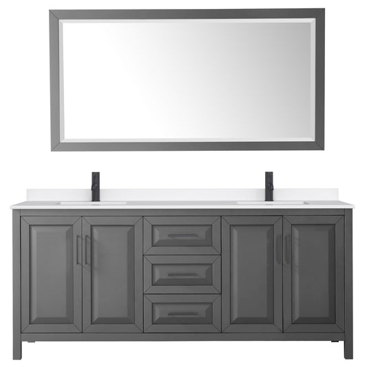 Wyndham Collection Daria 80" Double Bathroom Vanity in Dark Gray, White Quartz Countertop, Undermount Square Sinks (1-Hole), Matte Black Trim, 70" Mirror