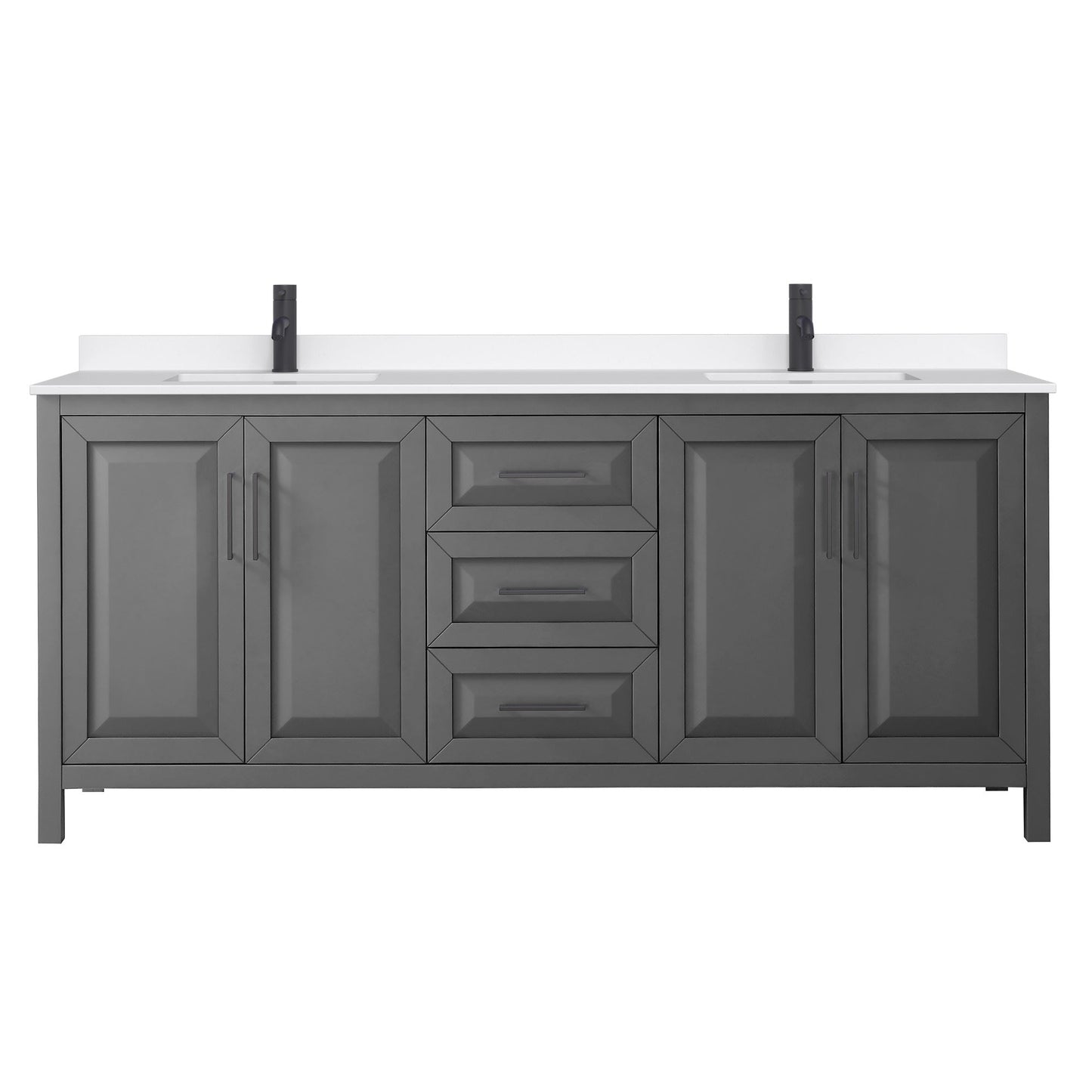 Wyndham Collection Daria 80" Double Bathroom Vanity in Dark Gray, White Quartz Countertop, Undermount Square Sinks (1-Hole), Matte Black Trim