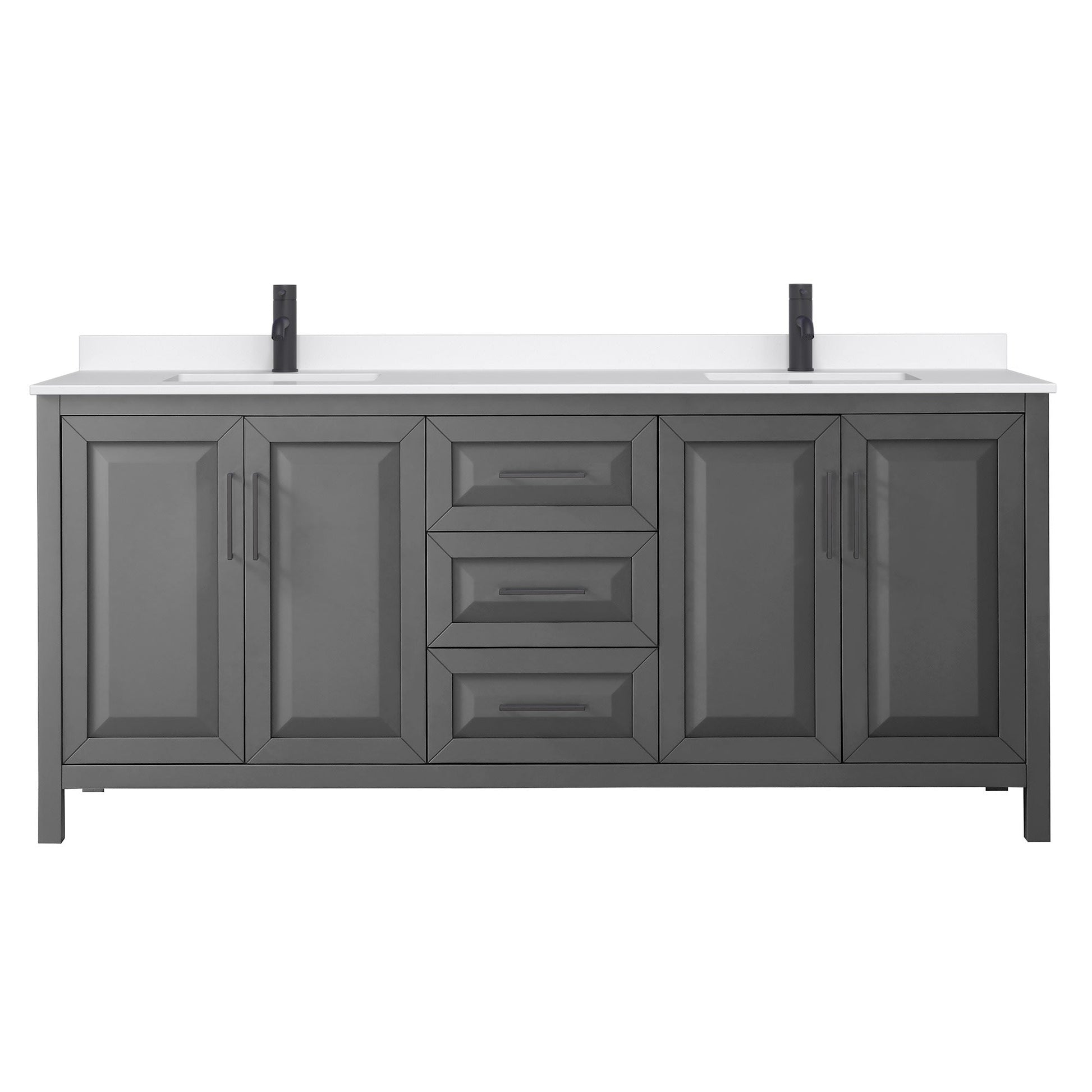 Wyndham Collection Daria 80" Double Bathroom Vanity in Dark Gray, White Quartz Countertop, Undermount Square Sinks (1-Hole), Matte Black Trim
