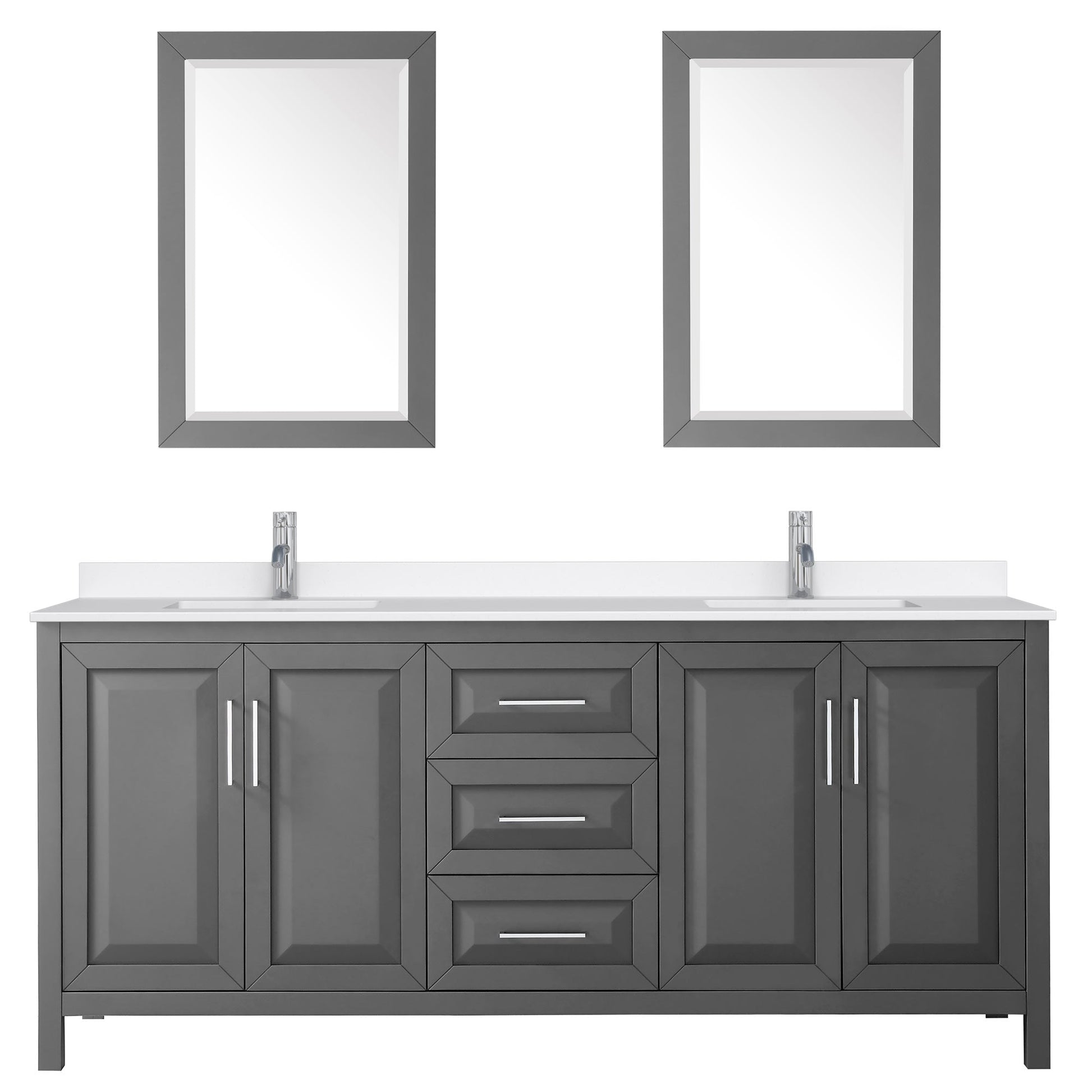 Wyndham Collection Daria 80" Double Bathroom Vanity in Dark Gray, White Quartz Countertop, Undermount Square Sinks (1-Hole), Polished Chrome Trim, 24" Mirrors