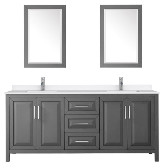 Wyndham Collection Daria 80" Double Bathroom Vanity in Dark Gray, White Quartz Countertop, Undermount Square Sinks (1-Hole), Polished Chrome Trim, 24" Mirrors