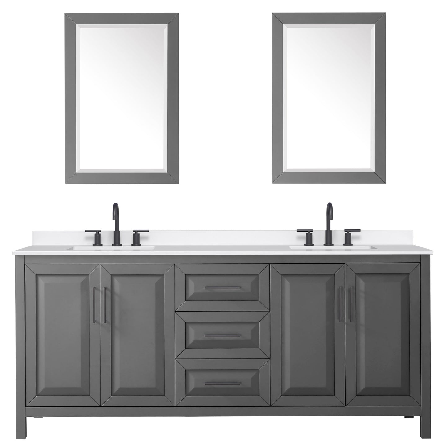 Wyndham Collection Daria 80" Double Bathroom Vanity in Dark Gray, White Quartz Countertop, Undermount Square Sinks (3-Hole), Matte Black Trim, 24" Mirrors