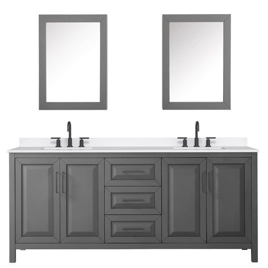 Wyndham Collection Daria 80" Double Bathroom Vanity in Dark Gray, White Quartz Countertop, Undermount Square Sinks (3-Hole), Matte Black Trim, Medicine Cabinets