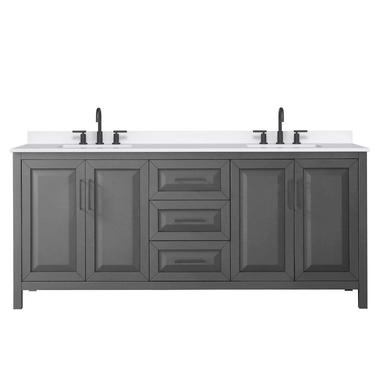 Wyndham Collection Daria 80" Double Bathroom Vanity in Dark Gray, White Quartz Countertop, Undermount Square Sinks (3-Hole), Matte Black Trim