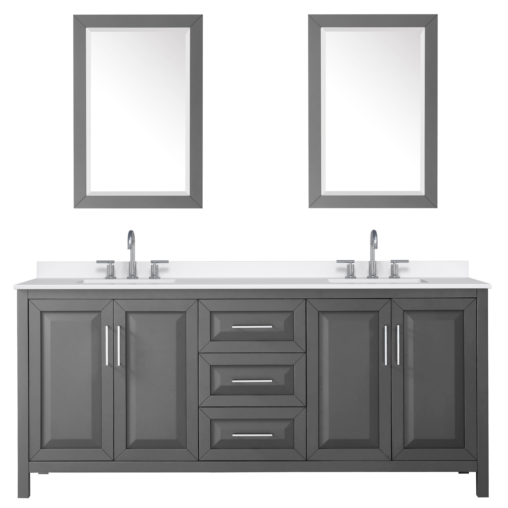 Wyndham Collection Daria 80" Double Bathroom Vanity in Dark Gray, White Quartz Countertop, Undermount Square Sinks (3-Hole), Polished Chrome Trim, 24" Mirrors