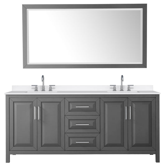 Wyndham Collection Daria 80" Double Bathroom Vanity in Dark Gray, White Quartz Countertop, Undermount Square Sinks (3-Hole), Polished Chrome Trim, 70" Mirror