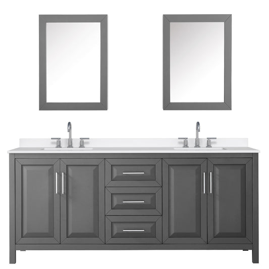 Wyndham Collection Daria 80" Double Bathroom Vanity in Dark Gray, White Quartz Countertop, Undermount Square Sinks (3-Hole), Polished Chrome Trim, Medicine Cabinets