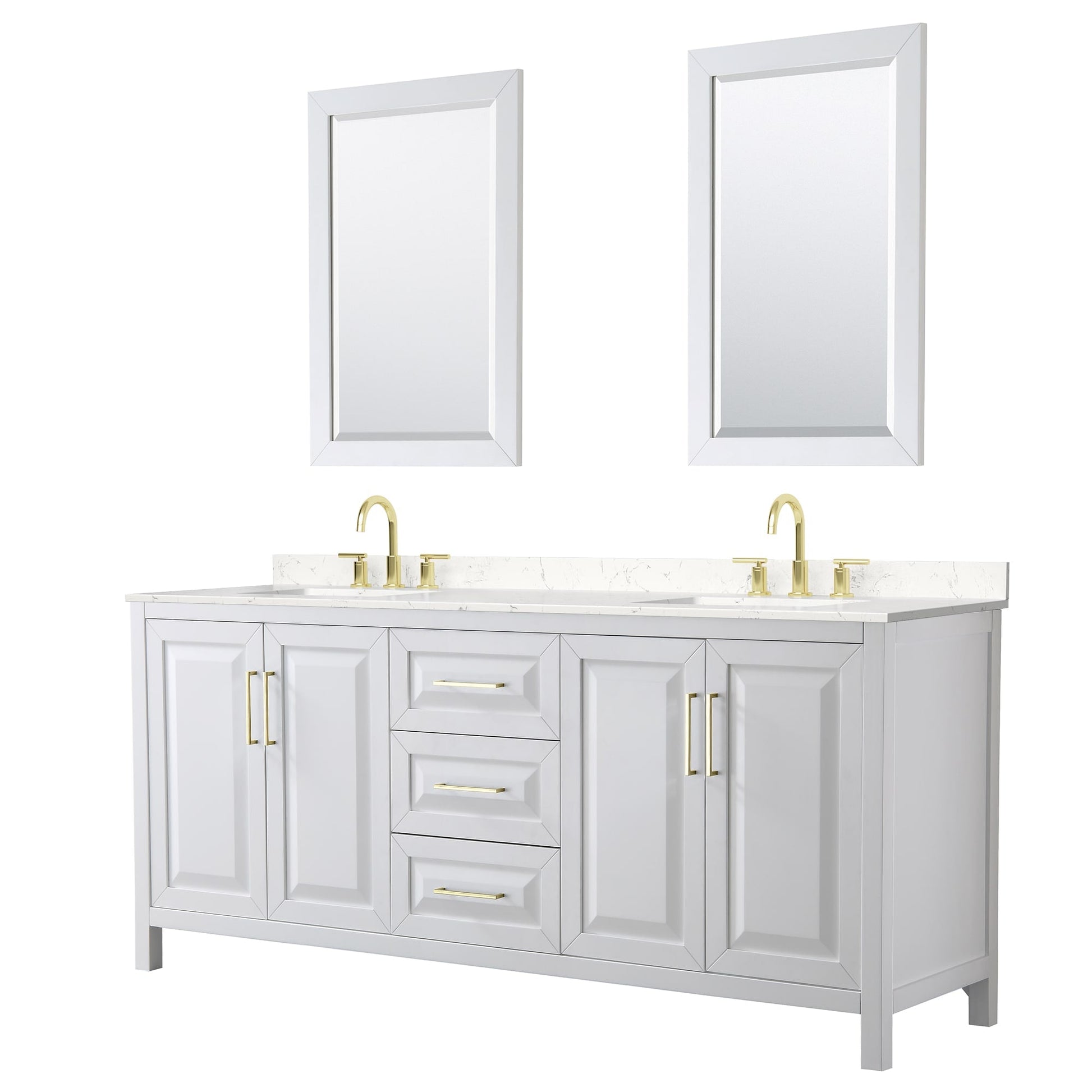 Wyndham Collection Daria 80" Double Bathroom Vanity in White, Carrara Cultured Marble Countertop, Undermount Square Sinks (3-Hole), 24" Mirrors, Brushed Gold Trim
