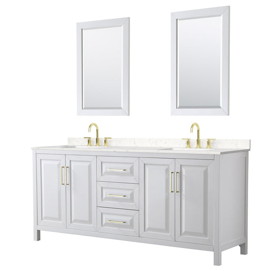 Wyndham Collection Daria 80" Double Bathroom Vanity in White, Carrara Cultured Marble Countertop, Undermount Square Sinks (3-Hole), 24" Mirrors, Brushed Gold Trim