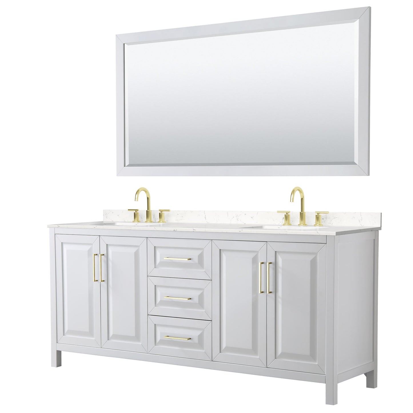 Wyndham Collection Daria 80" Double Bathroom Vanity in White, Carrara Cultured Marble Countertop, Undermount Square Sinks (3-Hole), 70" Mirror, Brushed Gold Trim