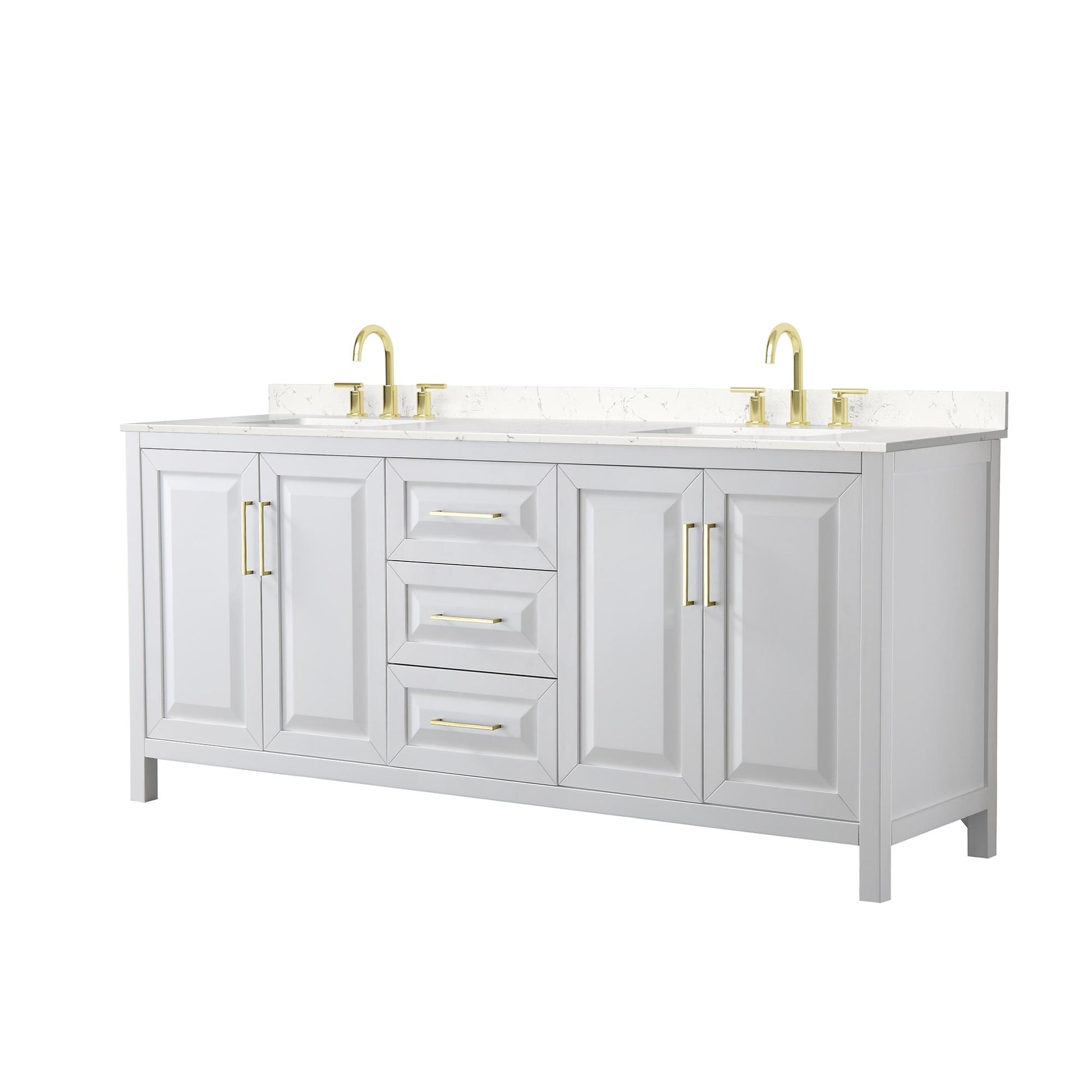 Wyndham Collection Daria 80" Double Bathroom Vanity in White, Carrara Cultured Marble Countertop, Undermount Square Sinks (3-Hole), Brushed Gold Trim