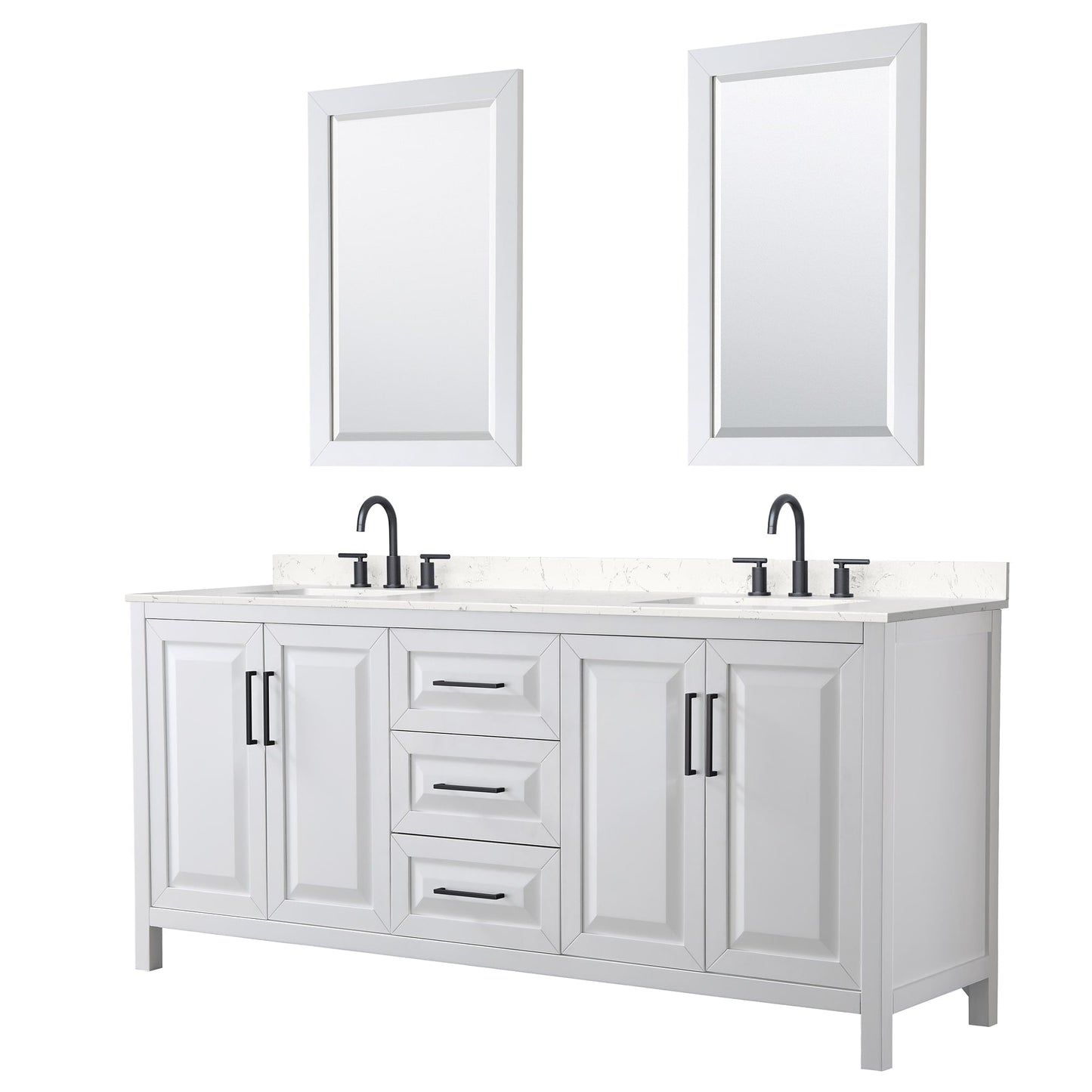 Wyndham Collection Daria 80" Double Bathroom Vanity in White, Carrara Cultured Marble Countertop, Undermount Square Sinks (3-Hole), Matte Black Trim, 24" Mirrors