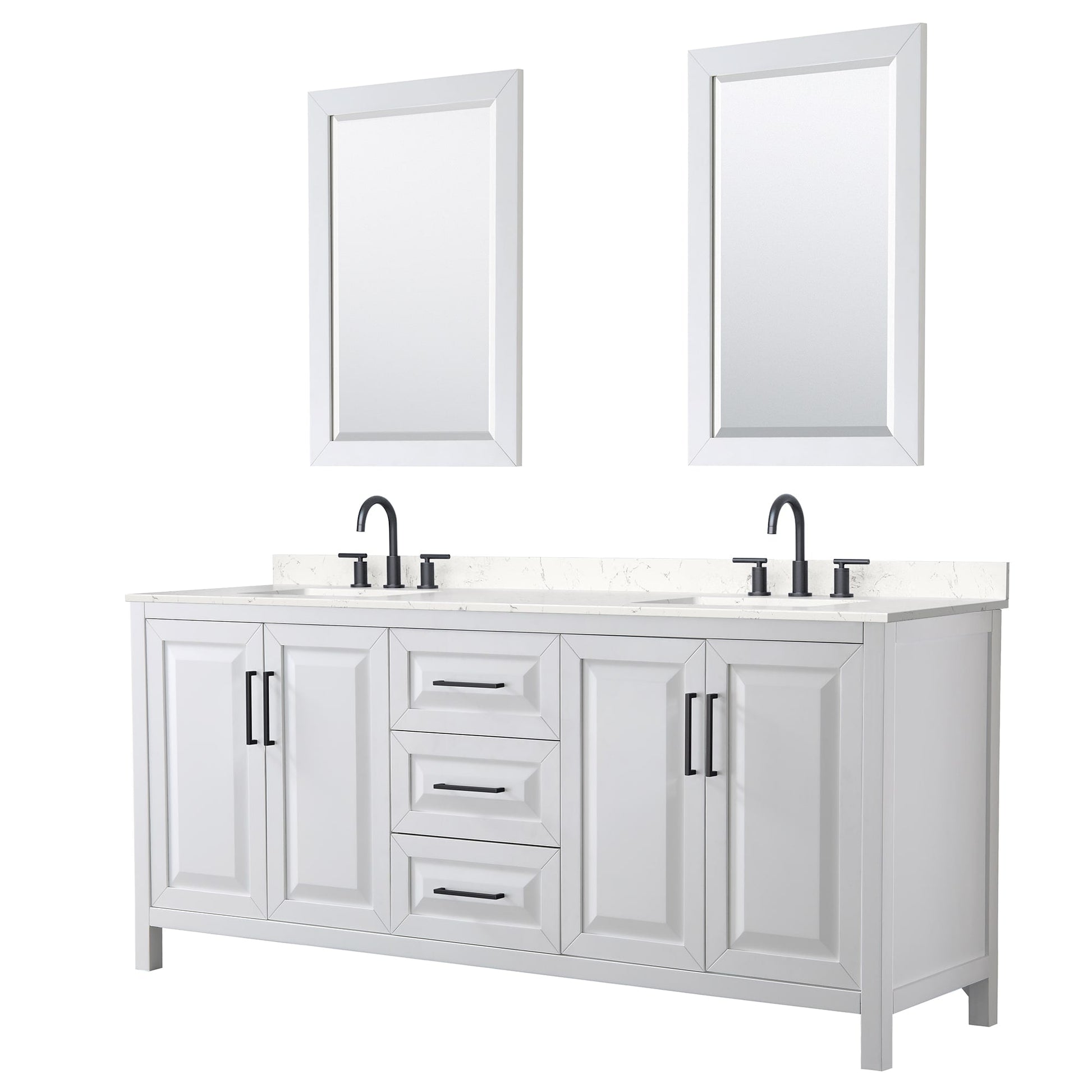 Wyndham Collection Daria 80" Double Bathroom Vanity in White, Carrara Cultured Marble Countertop, Undermount Square Sinks (3-Hole), Matte Black Trim, 24" Mirrors