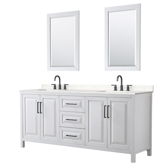 Wyndham Collection Daria 80" Double Bathroom Vanity in White, Carrara Cultured Marble Countertop, Undermount Square Sinks (3-Hole), Matte Black Trim, 24" Mirrors