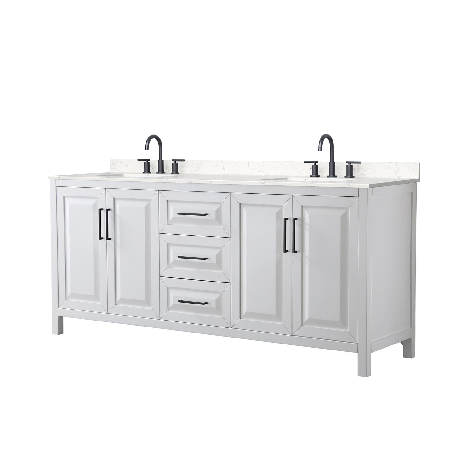 Wyndham Collection Daria 80" Double Bathroom Vanity in White, Carrara Cultured Marble Countertop, Undermount Square Sinks (3-Hole), Matte Black Trim