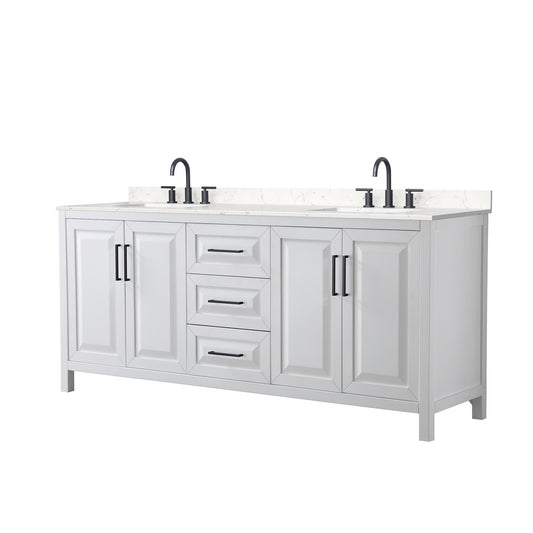 Wyndham Collection Daria 80" Double Bathroom Vanity in White, Carrara Cultured Marble Countertop, Undermount Square Sinks (3-Hole), Matte Black Trim
