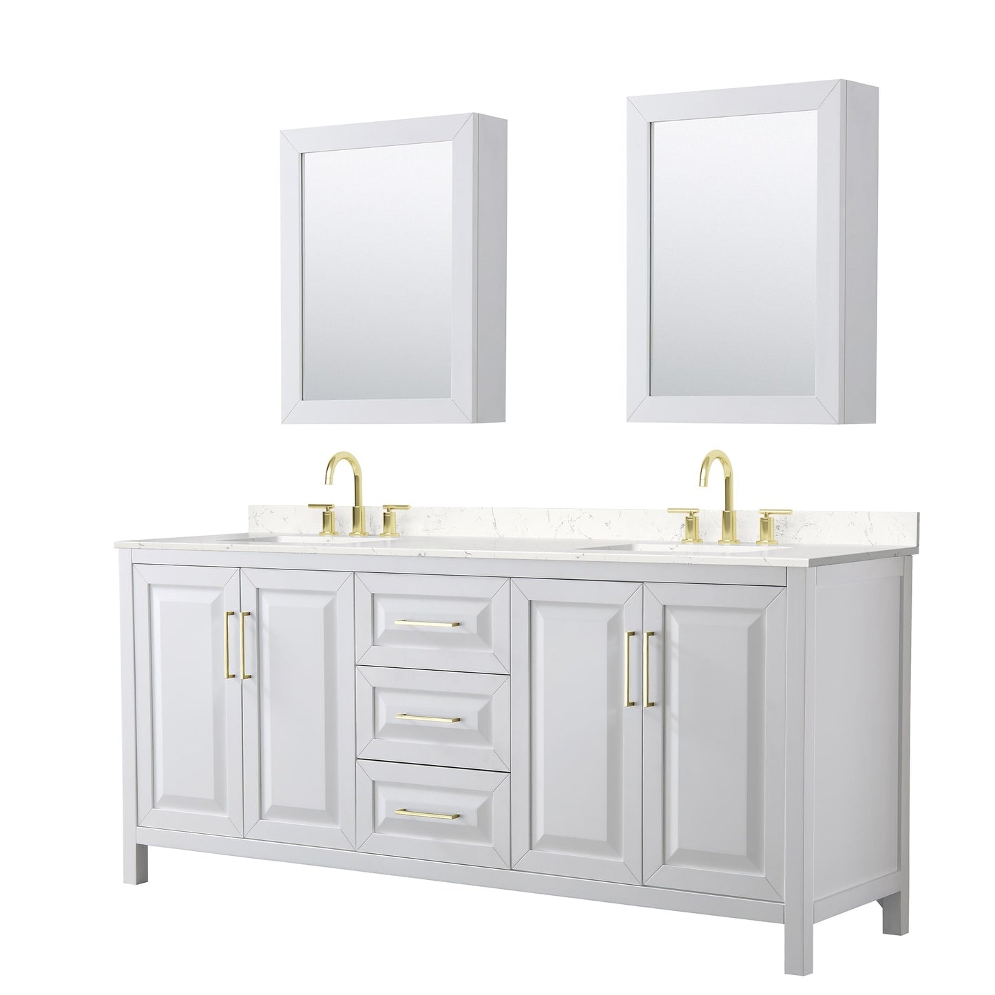 Wyndham Collection Daria 80" Double Bathroom Vanity in White, Carrara Cultured Marble Countertop, Undermount Square Sinks (3-Hole), Medicine Cabinets, Brushed Gold Trim