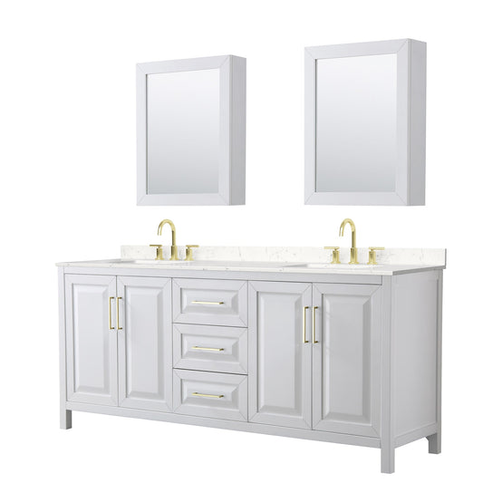 Wyndham Collection Daria 80" Double Bathroom Vanity in White, Carrara Cultured Marble Countertop, Undermount Square Sinks (3-Hole), Medicine Cabinets, Brushed Gold Trim