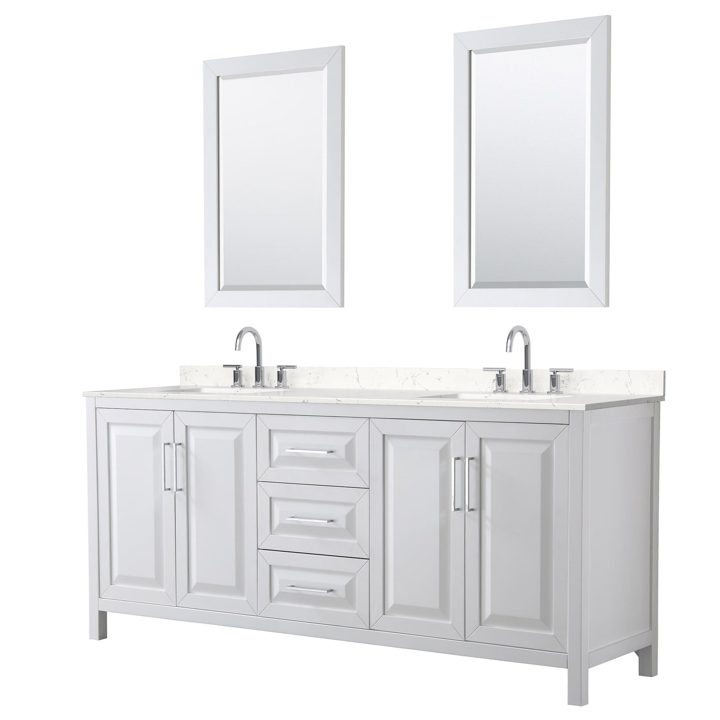 Wyndham Collection Daria 80" Double Bathroom Vanity in White, Carrara Cultured Marble Countertop, Undermount Square Sinks (3-Hole), Polished Chrome Trim, 24" Mirrors