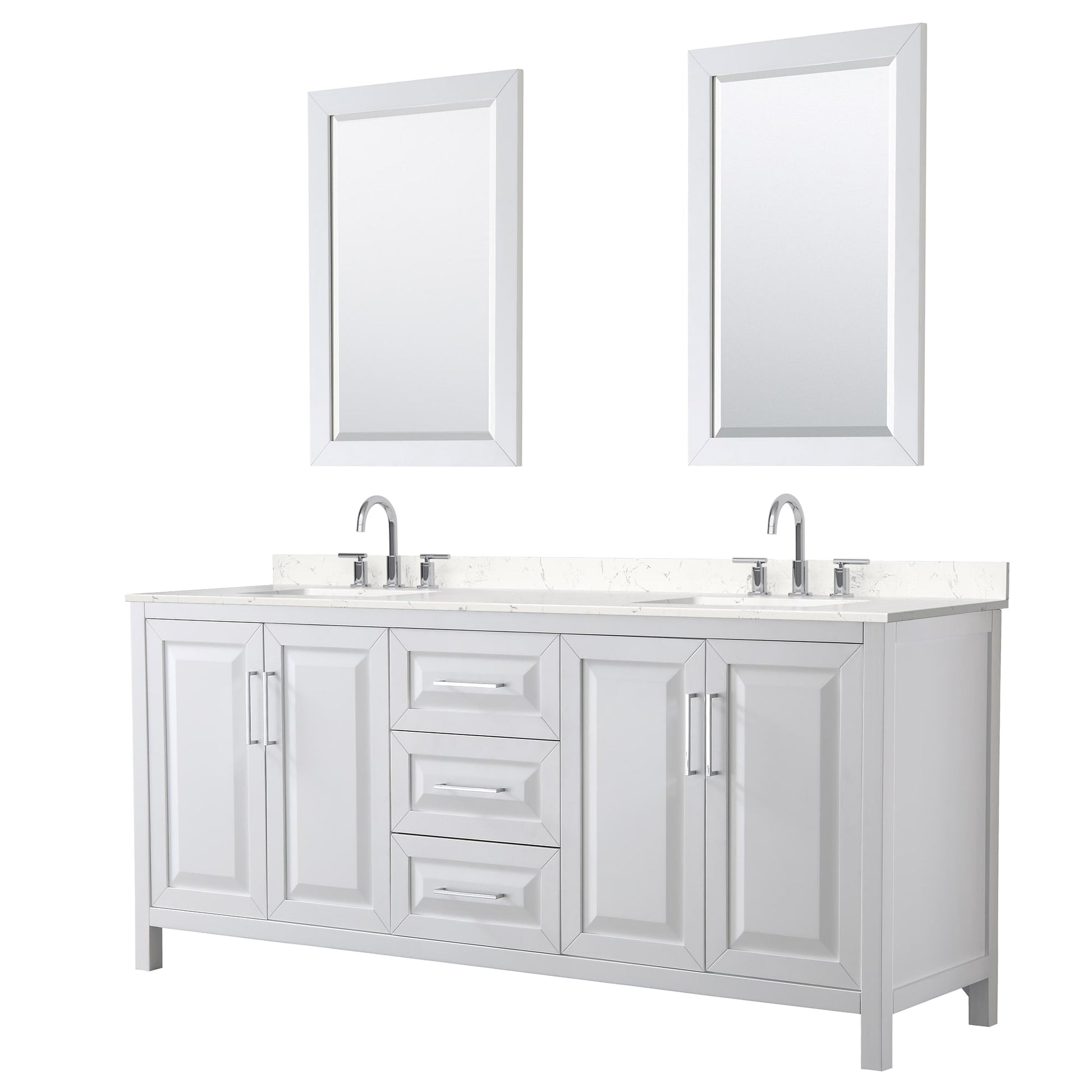 Wyndham Collection Daria 80" Double Bathroom Vanity in White, Carrara Cultured Marble Countertop, Undermount Square Sinks (3-Hole), Polished Chrome Trim, 24" Mirrors