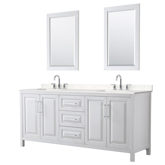 Wyndham Collection Daria 80" Double Bathroom Vanity in White, Carrara Cultured Marble Countertop, Undermount Square Sinks (3-Hole), Polished Chrome Trim, 24" Mirrors
