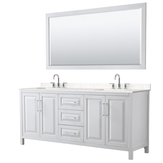 Wyndham Collection Daria 80" Double Bathroom Vanity in White, Carrara Cultured Marble Countertop, Undermount Square Sinks (3-Hole), Polished Chrome Trim, 70" Mirror