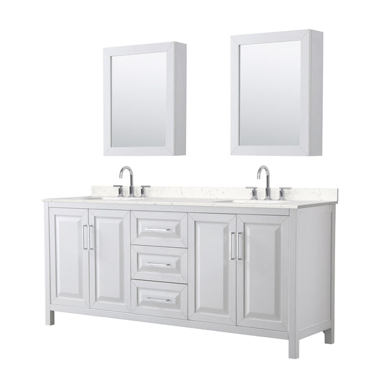 Wyndham Collection Daria 80" Double Bathroom Vanity in White, Carrara Cultured Marble Countertop, Undermount Square Sinks (3-Hole), Polished Chrome Trim, Medicine Cabinets
