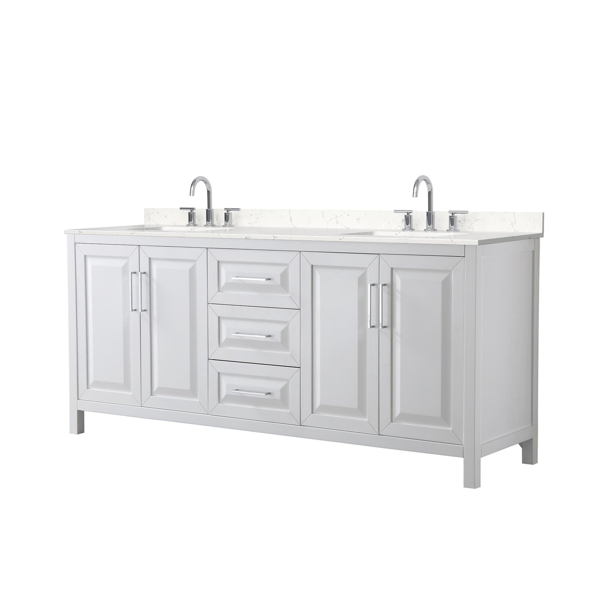 Wyndham Collection Daria 80" Double Bathroom Vanity in White, Carrara Cultured Marble Countertop, Undermount Square Sinks (3-Hole), Polished Chrome Trim