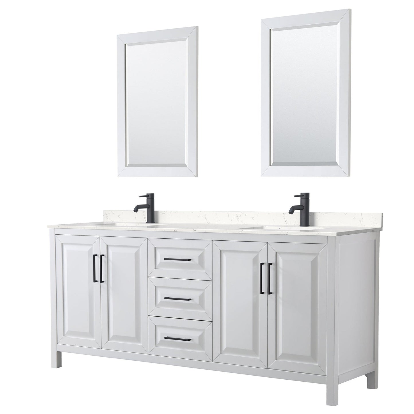 Wyndham Collection Daria 80" Double Bathroom Vanity in White, Carrara Cultured Marble Countertop, Undermount Square Sinks, Matte Black Trim, 24" Mirrors