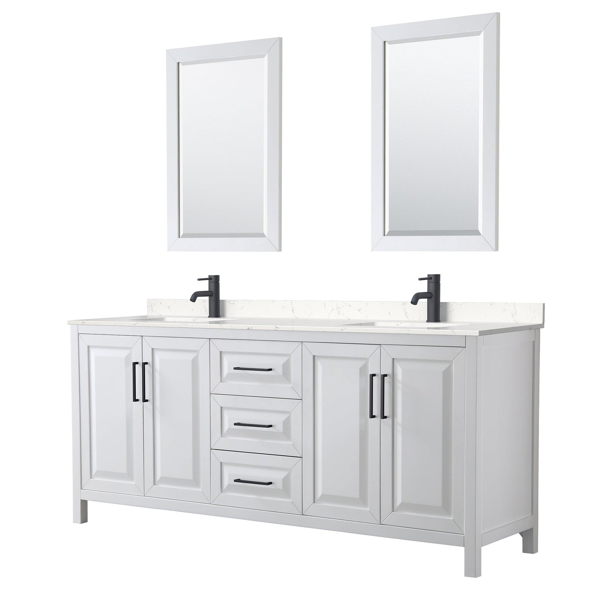 Wyndham Collection Daria 80" Double Bathroom Vanity in White, Carrara Cultured Marble Countertop, Undermount Square Sinks, Matte Black Trim, 24" Mirrors