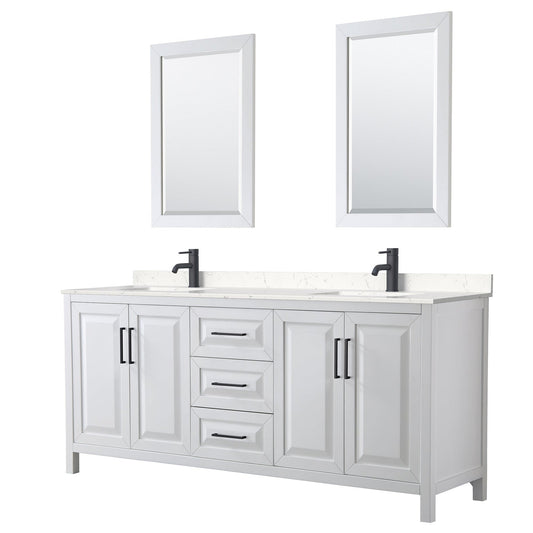 Wyndham Collection Daria 80" Double Bathroom Vanity in White, Carrara Cultured Marble Countertop, Undermount Square Sinks, Matte Black Trim, 24" Mirrors