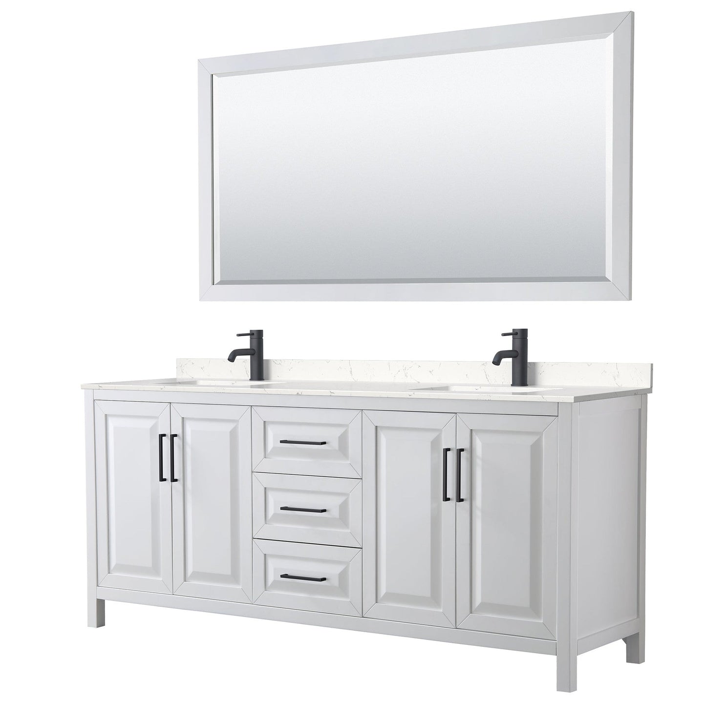 Wyndham Collection Daria 80" Double Bathroom Vanity in White, Carrara Cultured Marble Countertop, Undermount Square Sinks, Matte Black Trim, 70" Mirror