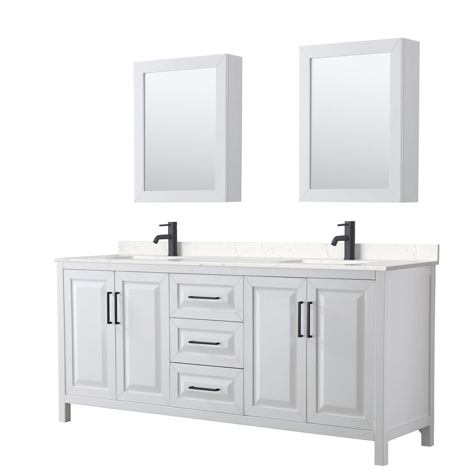 Wyndham Collection Daria 80" Double Bathroom Vanity in White, Carrara Cultured Marble Countertop, Undermount Square Sinks, Matte Black Trim, Medicine Cabinets