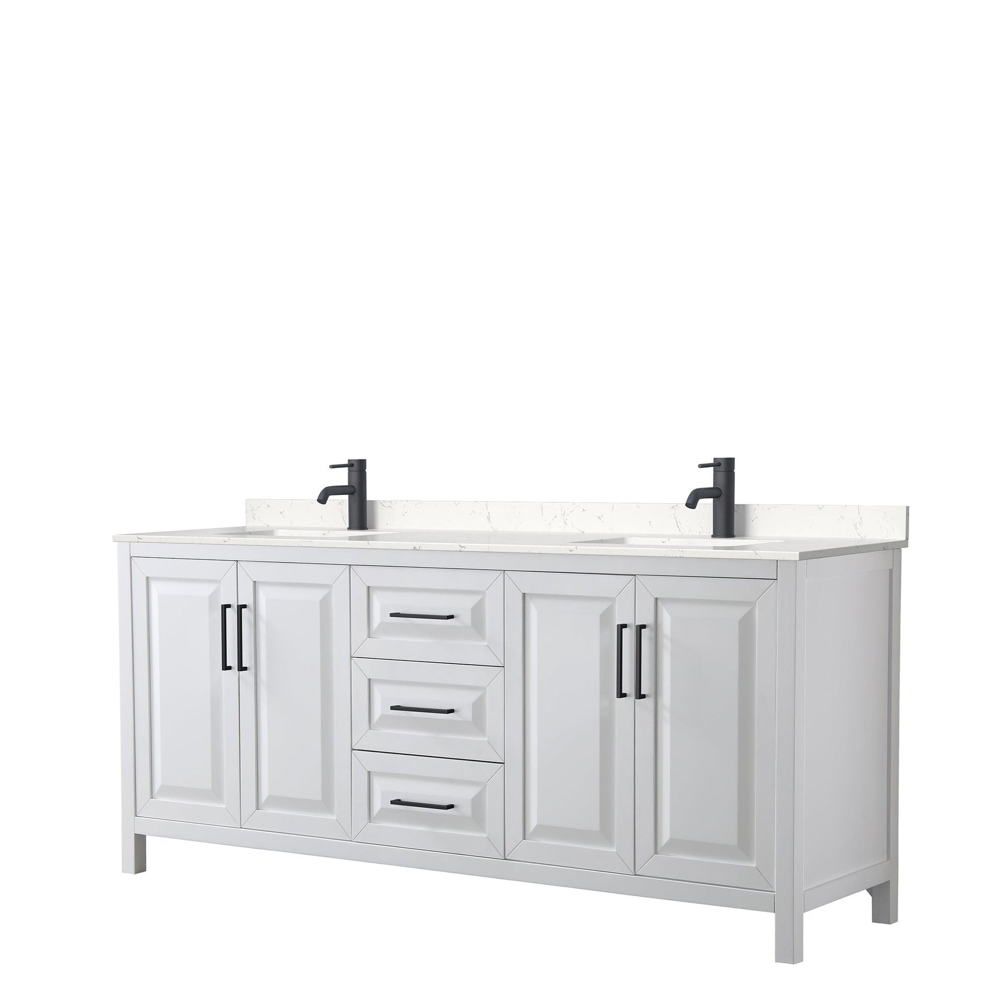 Wyndham Collection Daria 80" Double Bathroom Vanity in White, Carrara Cultured Marble Countertop, Undermount Square Sinks, Matte Black Trim