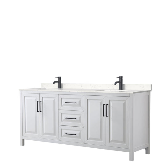 Wyndham Collection Daria 80" Double Bathroom Vanity in White, Carrara Cultured Marble Countertop, Undermount Square Sinks, Matte Black Trim