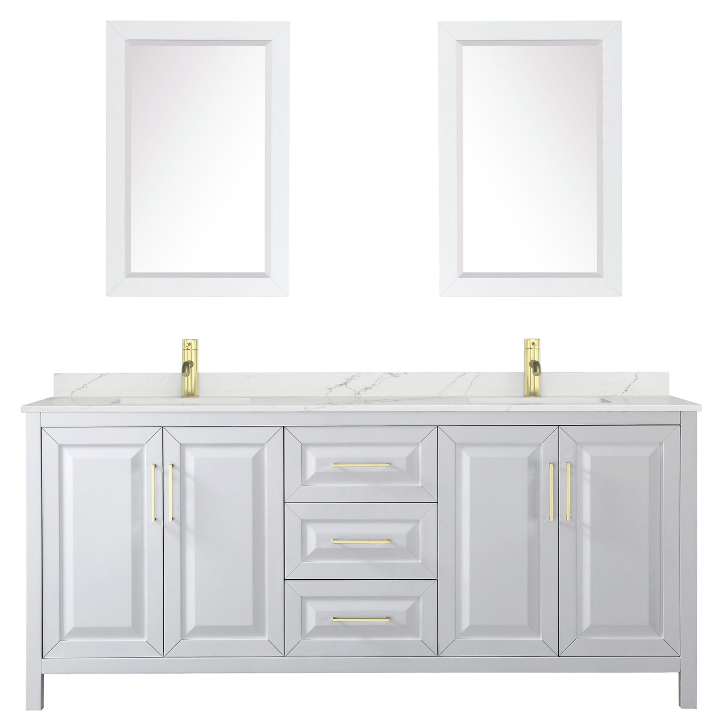 Wyndham Collection Daria 80" Double Bathroom Vanity in White, Giotto Quartz Countertop, Undermount Square Sinks (1-Hole), Brushed Gold Trim, 24" Mirrors